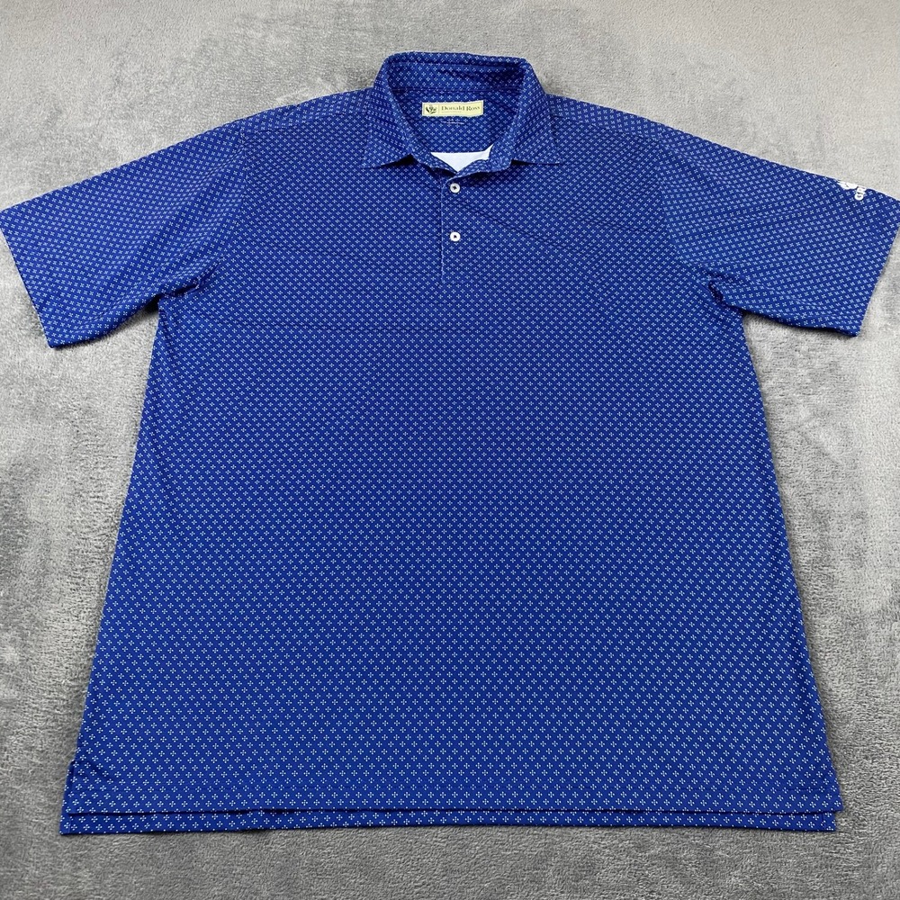 Donald Ross Mens Large Polo Shirt Blue Geometric Grizzly Logo Short Sleeve